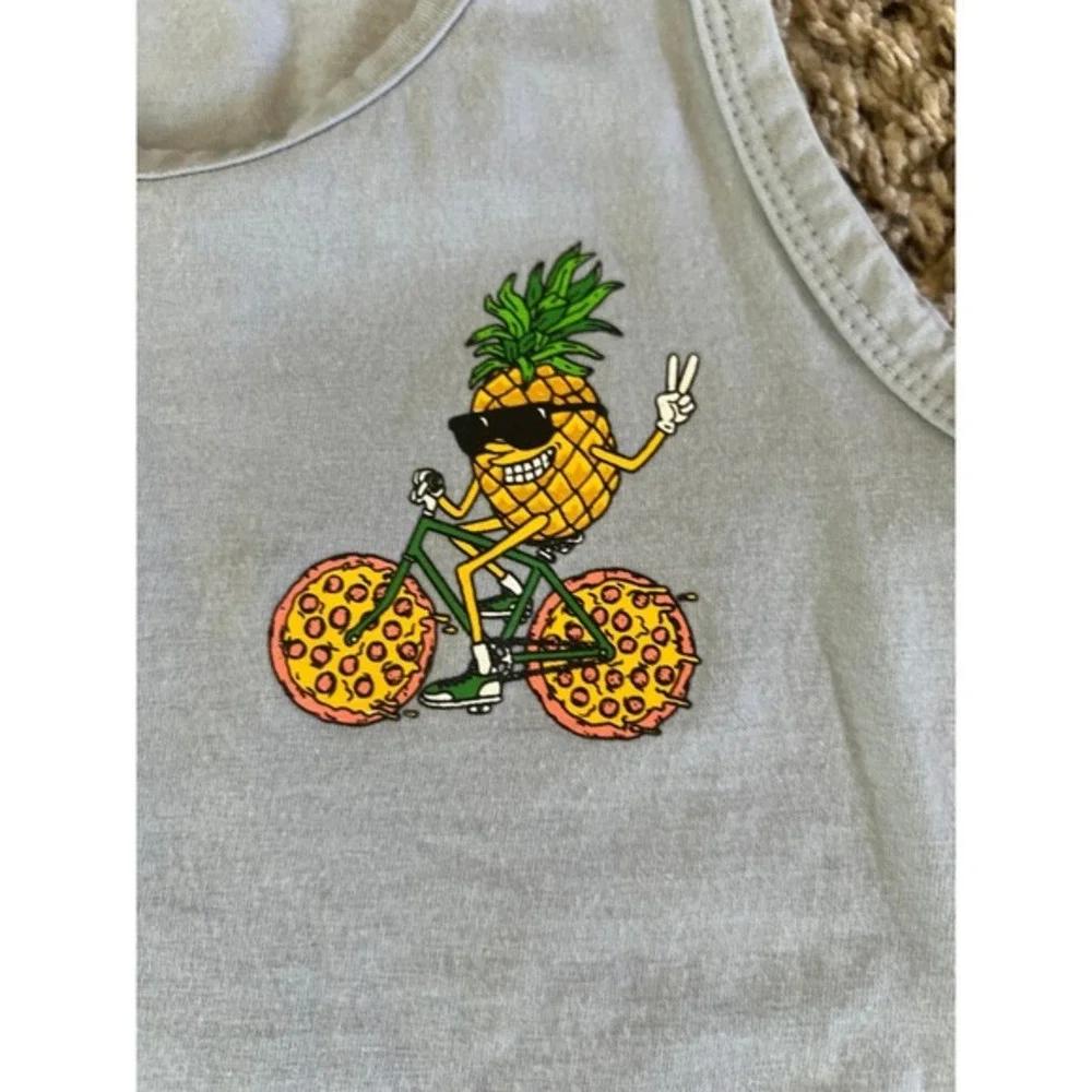 Old Navy‎ Boys Light Blue Pineapple guy riding a pizza bike Tank top Size 6/7